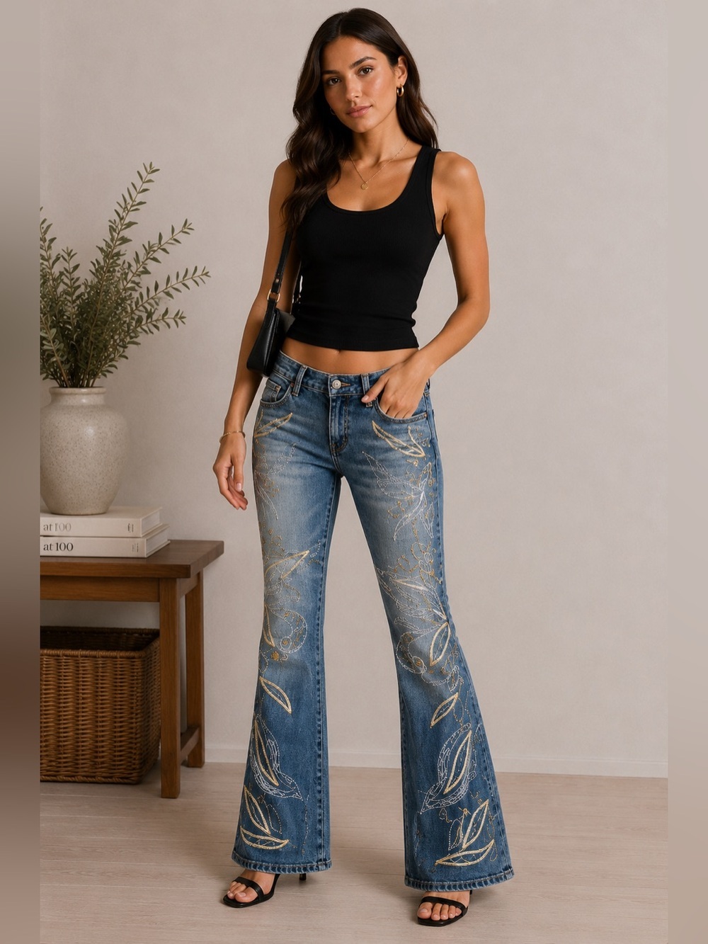Destiny Embroidered Blue Flare Jeans Size 3/4 Y2K Festival Western Stretch
